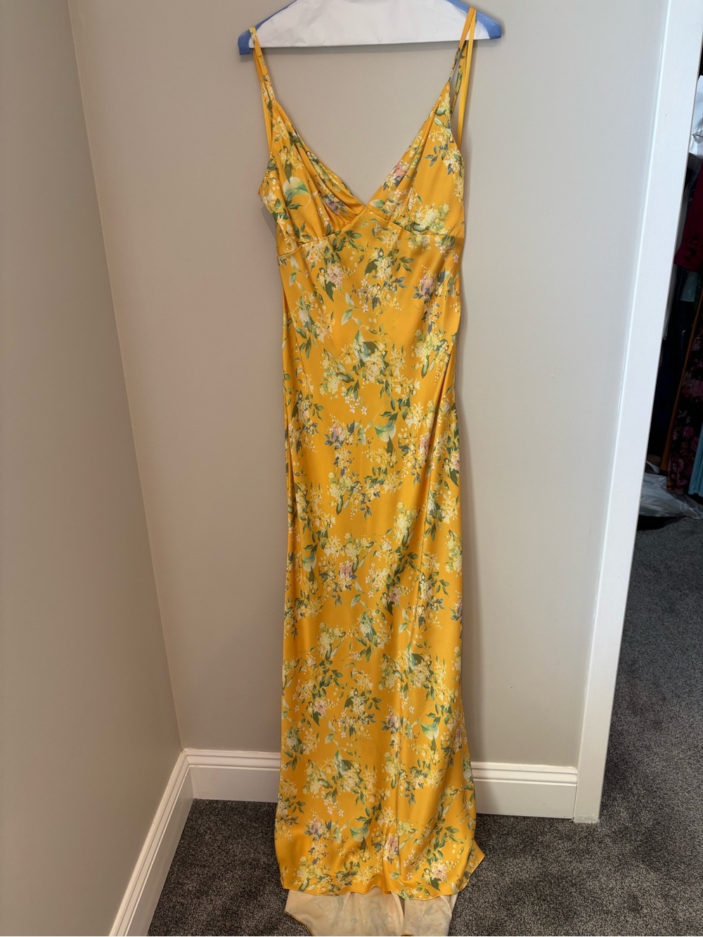 Ieena for Mac Duggal Yellow Floral Satin Maxi Gown — Size 10